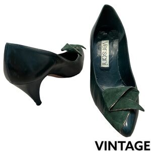 VERSANI Heels Pumps Leather & Suede Forrest Green Origami Bow 6B Vintage​